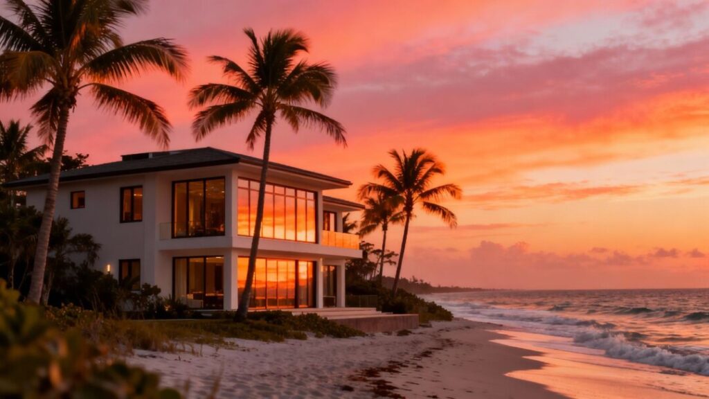 Florida coast with house and sunset.