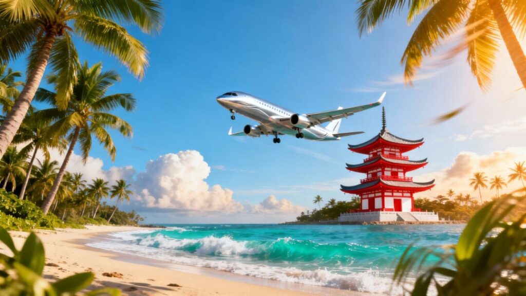 Florida and Japan landmarks with airplane connecting them.