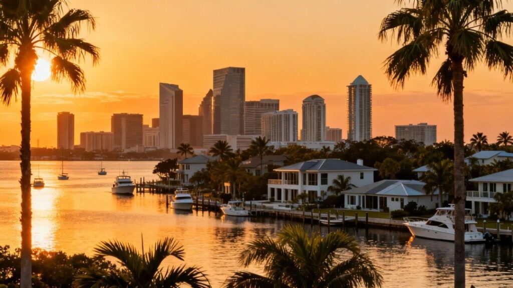 Tampa Bay skyline with waterfront homes and boats.