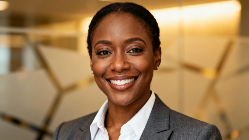 [Aminta Goynes] smiling in a professional portrait.