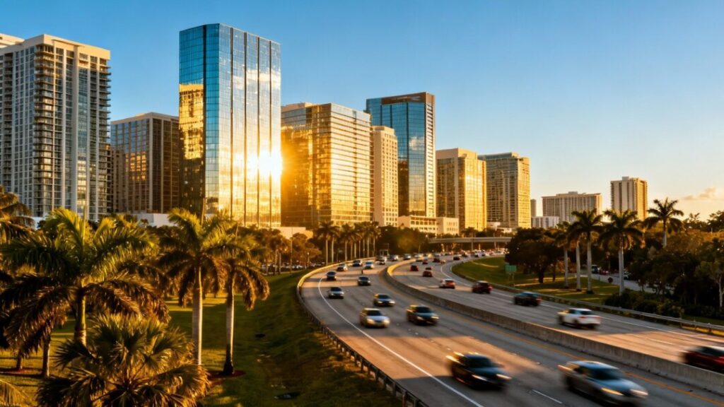 Florida skyline with buildings, highway, and palm trees.