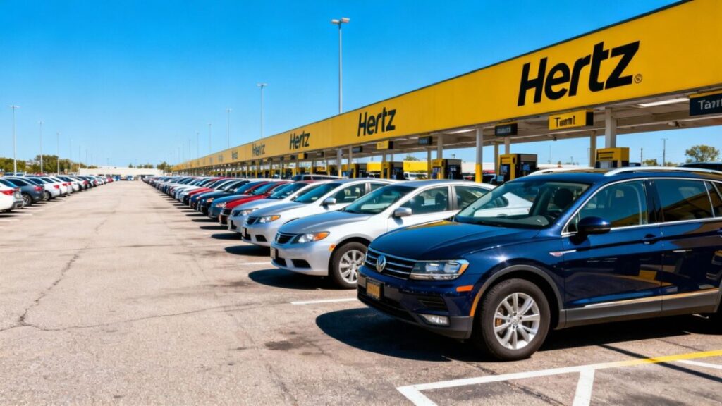 Hertz car rental lot with many vehicles.
