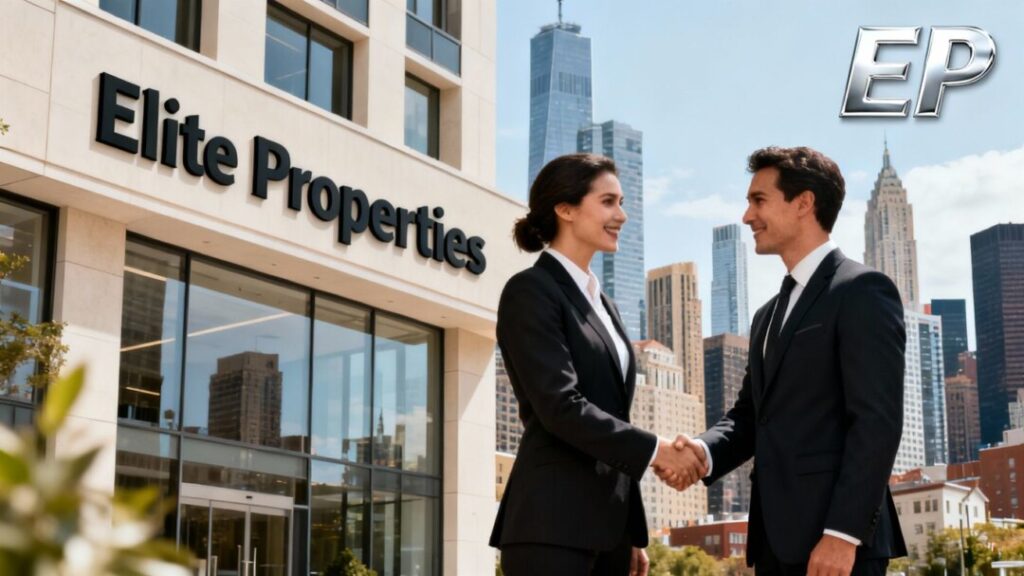 Real estate agents, office building, cityscape, company logo.