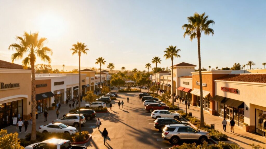 Open-air retail shopping center with storefronts and parking.