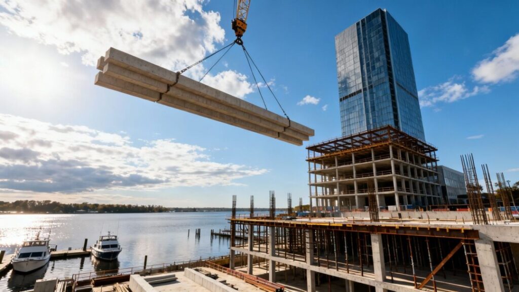 Construction crane at waterfront office building site.