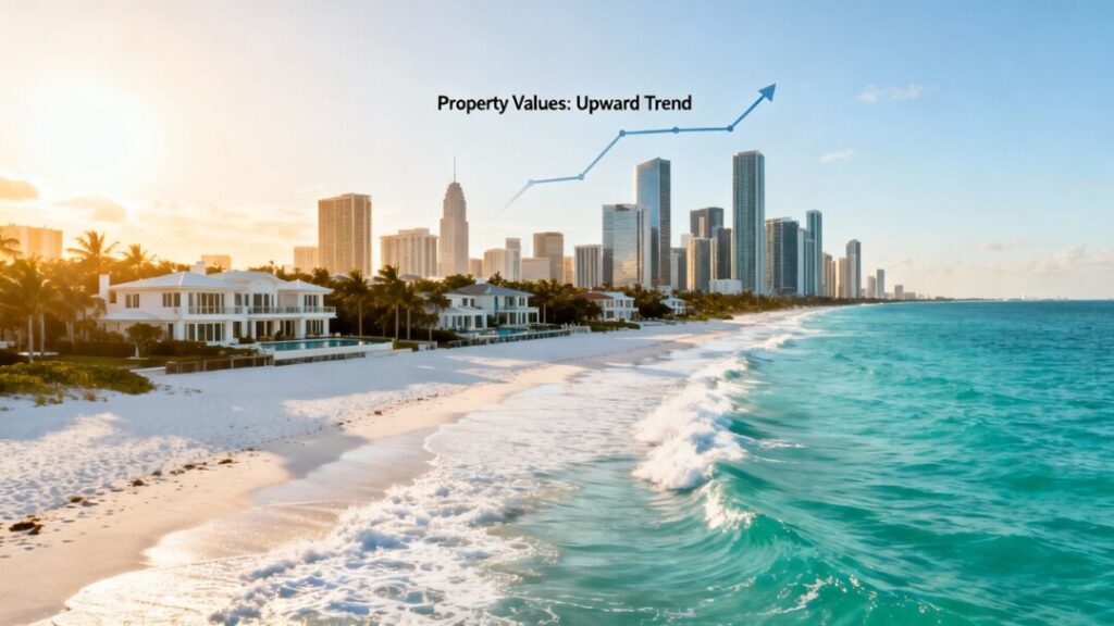 Miami luxury homes and skyline with ocean.