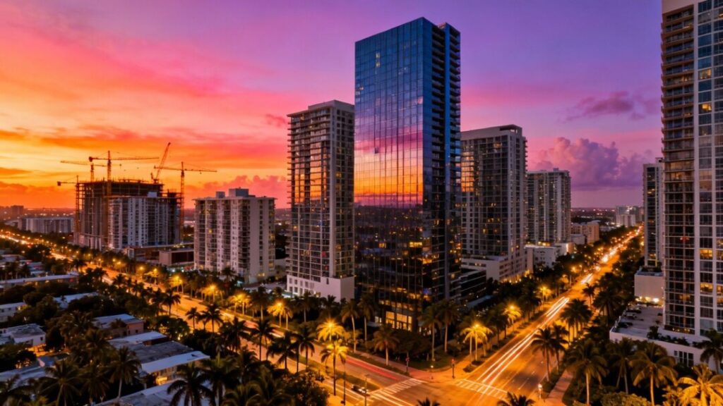 Florida city skyline with new construction and office buildings.