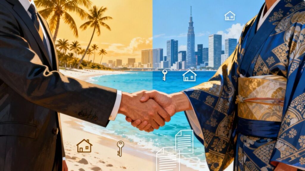 Florida and Japan real estate professionals shaking hands.