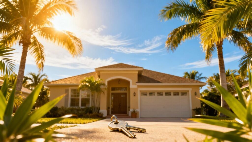 Florida home with palm trees and a house key.