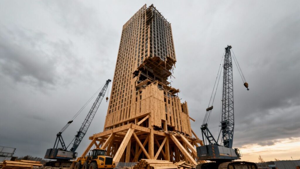 Wooden skyscraper being dismantled by cranes.