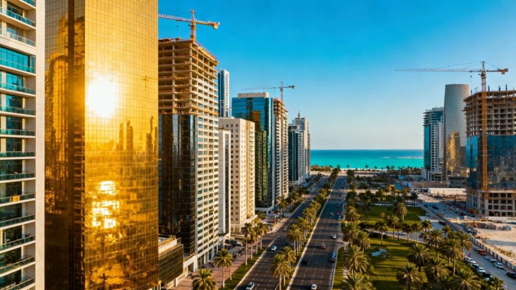 South Florida skyline with skyscrapers and palm trees.