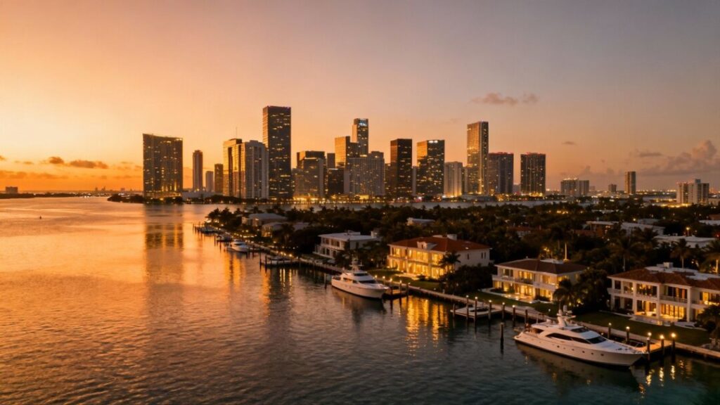 Miami skyline with luxury waterfront mansions and yachts.