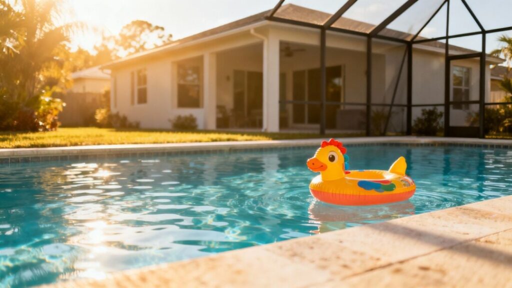 Florida swimming pool with house and child's toy.