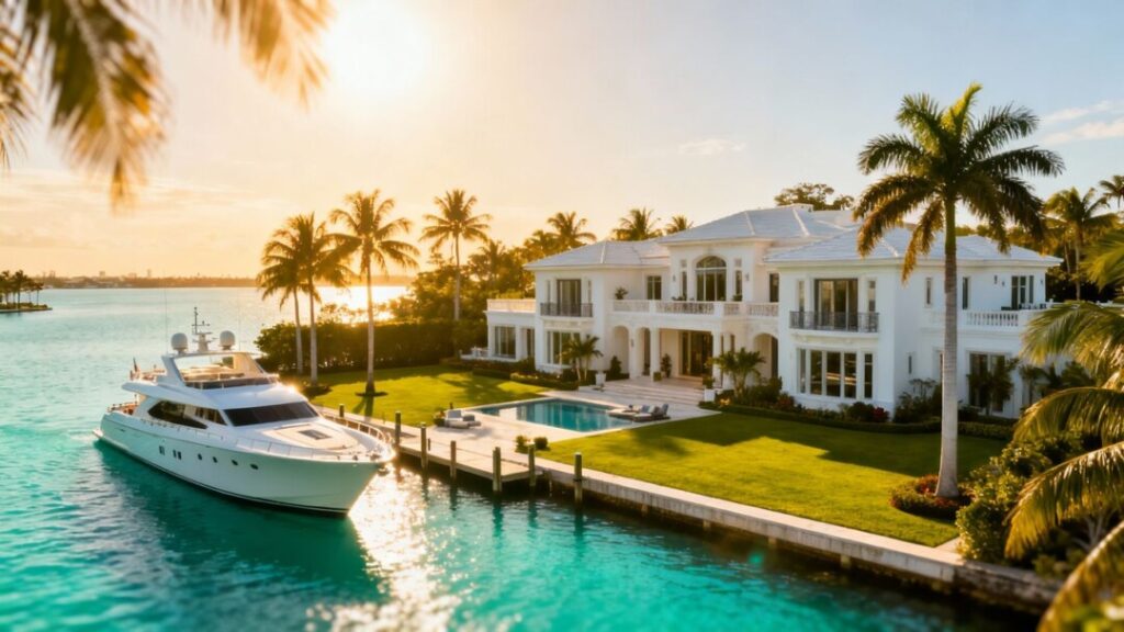 Luxury Miami mansion with waterfront view and palm trees.