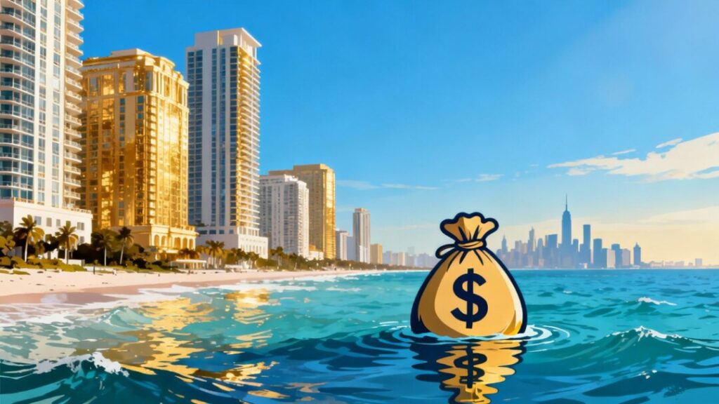 NYC real estate boom in South Florida with luxury buildings.