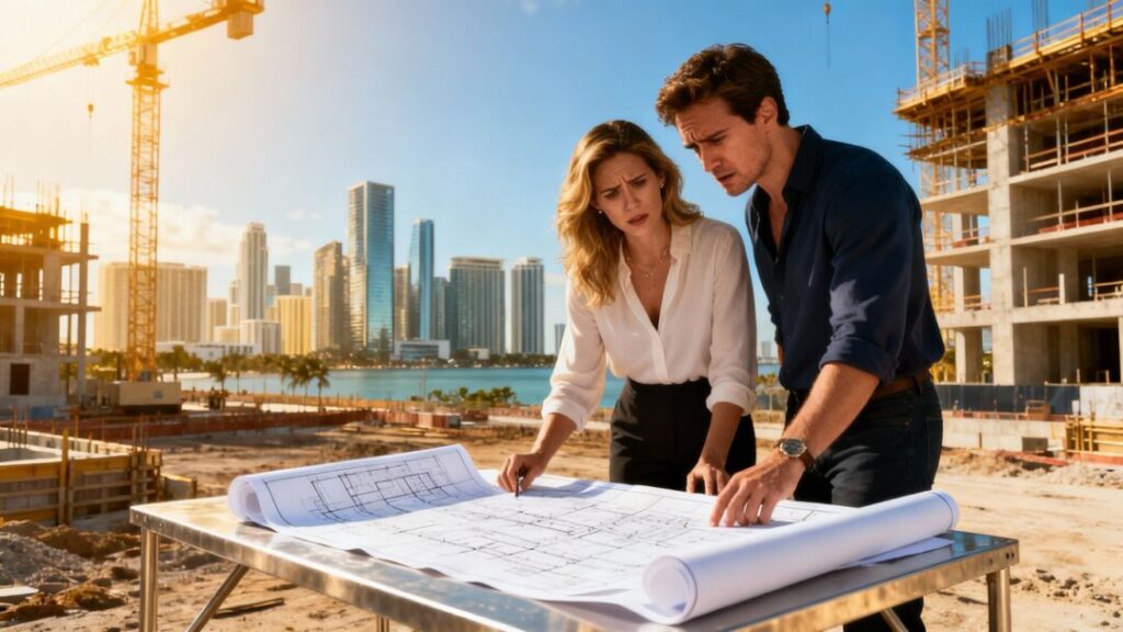 Miami skyline and concerned couple at construction site.