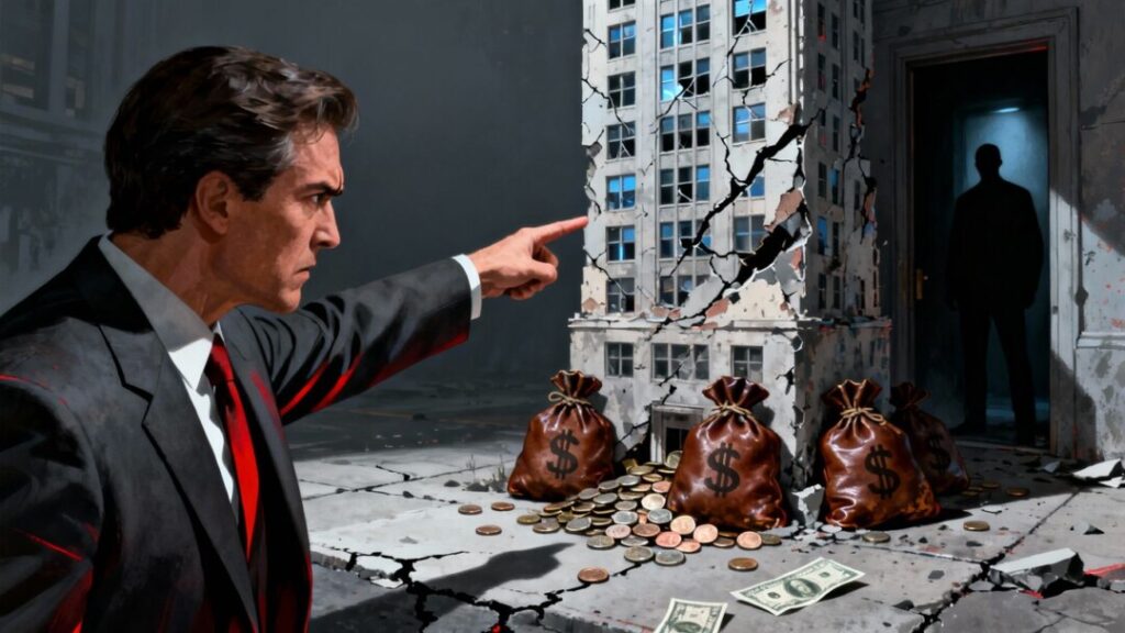 Real estate fraud investigation, crumbling building, money bags.