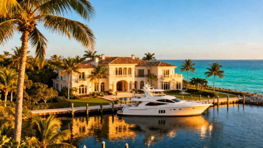 South Florida luxury mansion with yacht on the water.