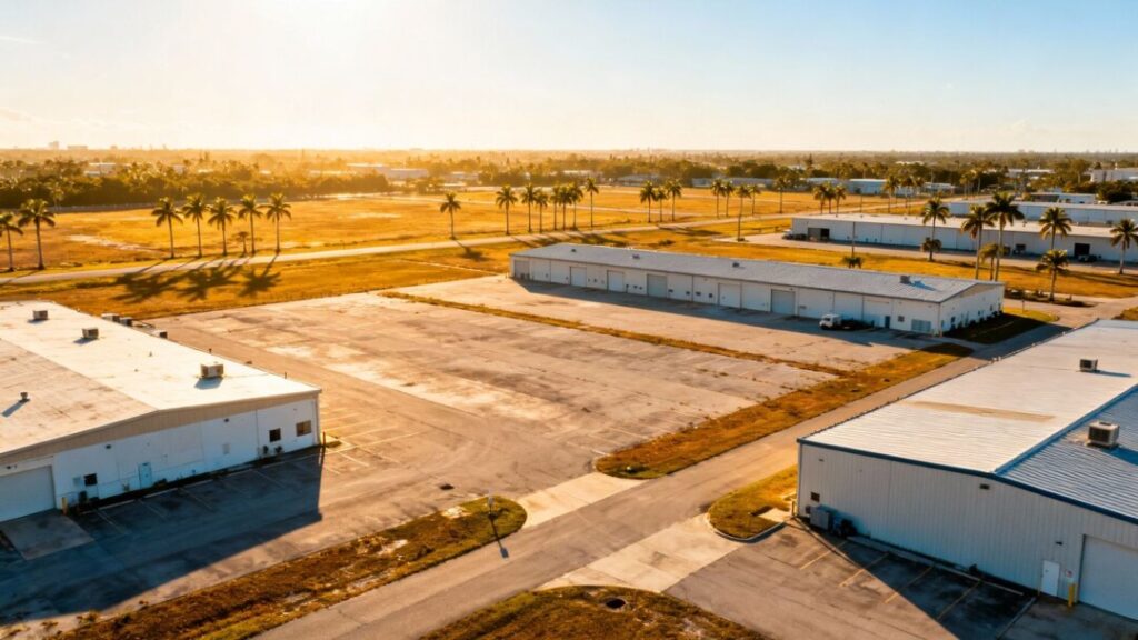Miami-Dade industrial site with empty lots and warehouses.