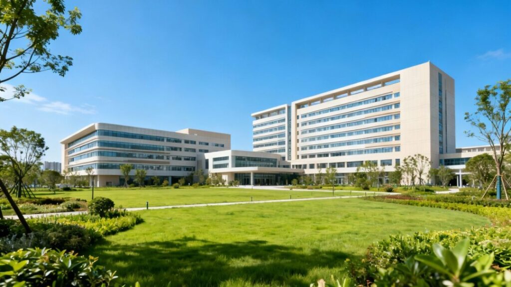 Modern healthcare buildings and green landscaping.