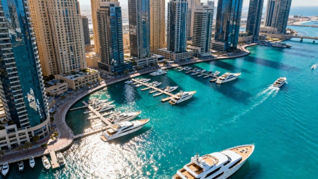 Miami skyline with yachts and ocean.