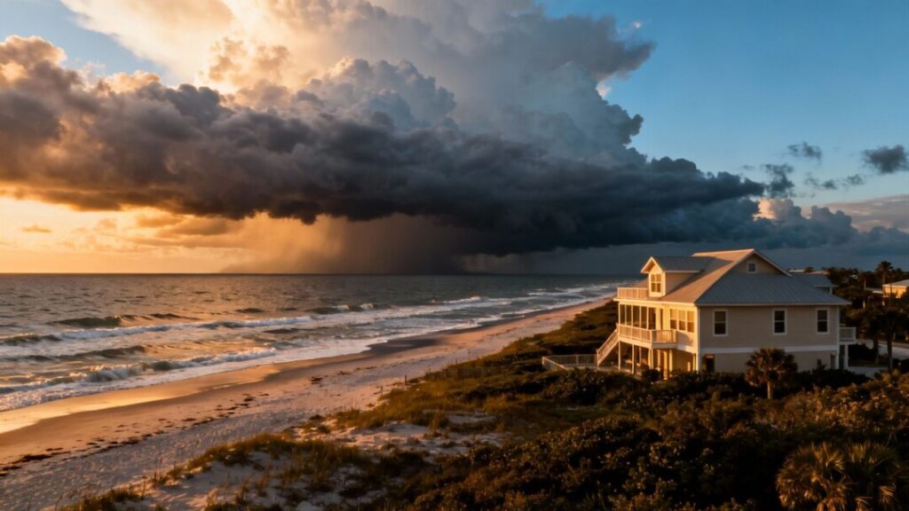 Florida coastline with a house and stormy sky.