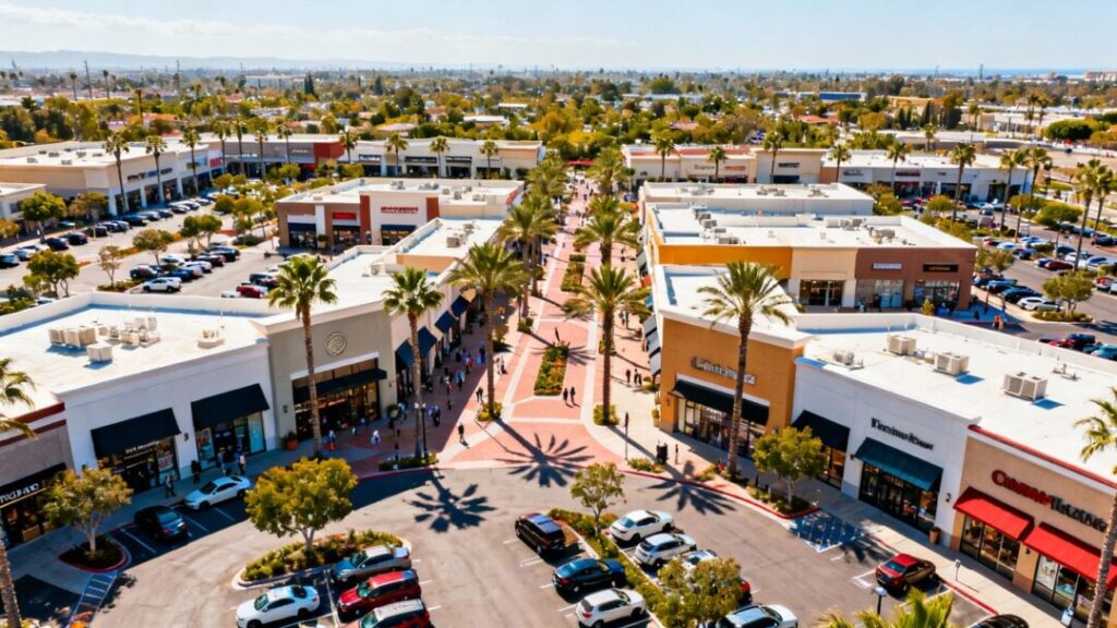 Open-air shopping centers with palm trees and storefronts.