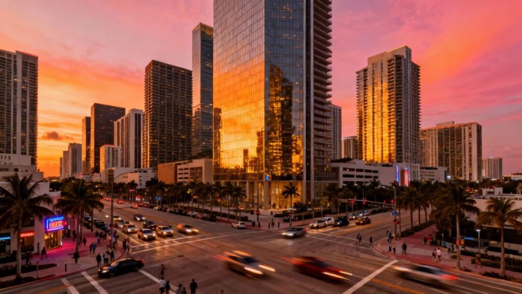 Miami skyline with skyscrapers and busy streets.