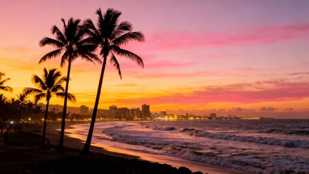 Miami skyline at sunset with palm trees and ocean.