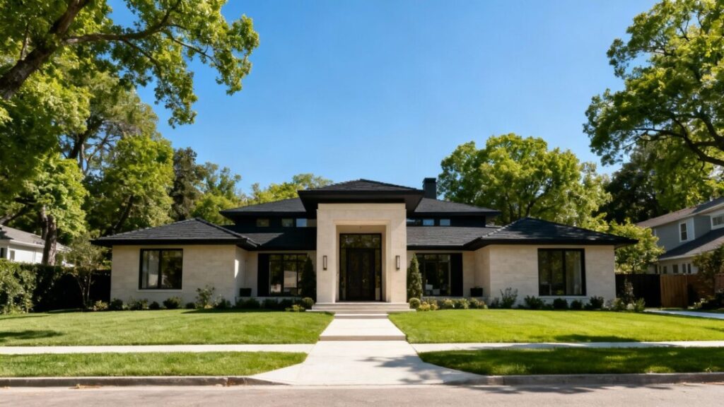 Modern upscale home with green trees and blue sky.
