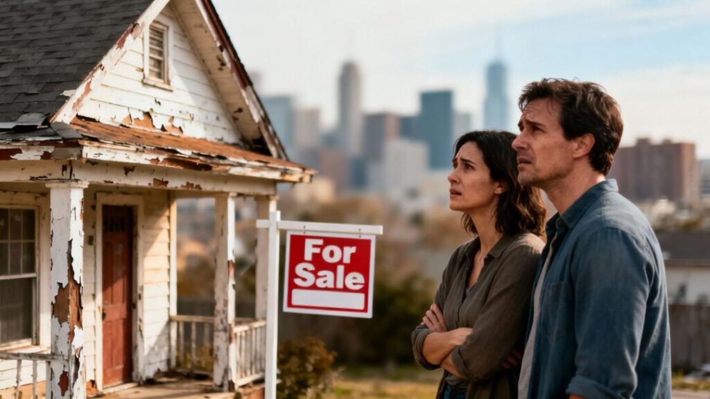 Couple looking at a house with a for sale sign.
