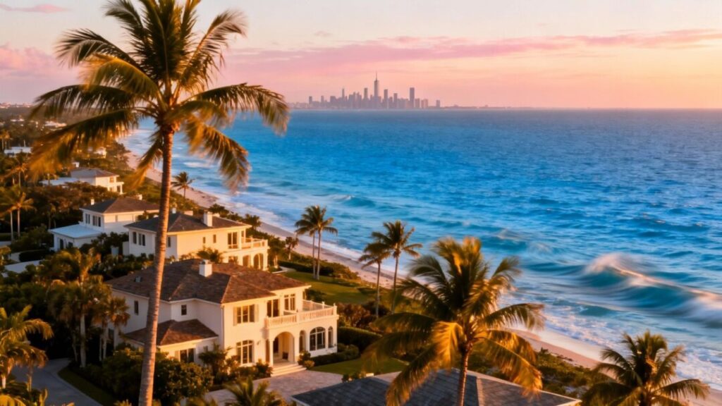Florida coast with NYC skyline silhouette in distance.