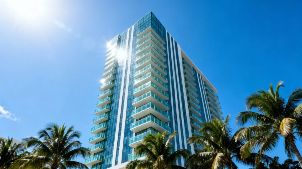 Luxury Miami apartment tower against a blue sky.
