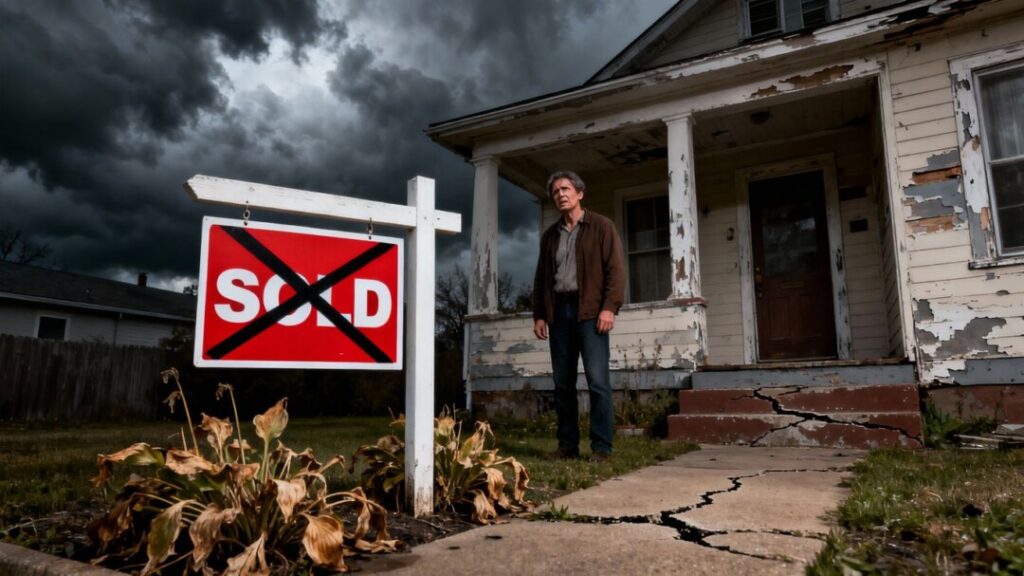 Frustrated homeowner next to a crossed-out 'SOLD' sign on a house.