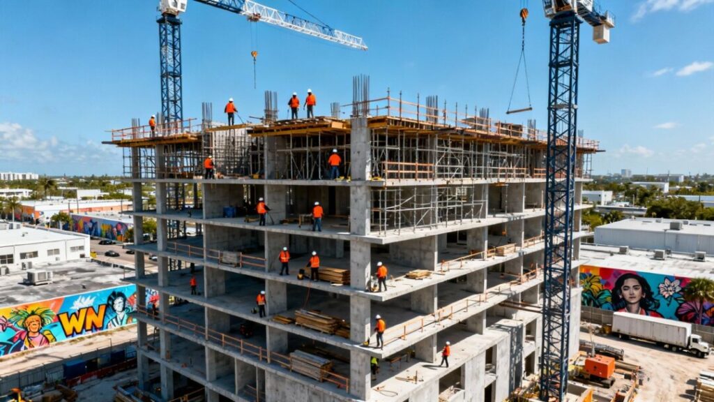 Wynwood One construction site with cranes and building progress.