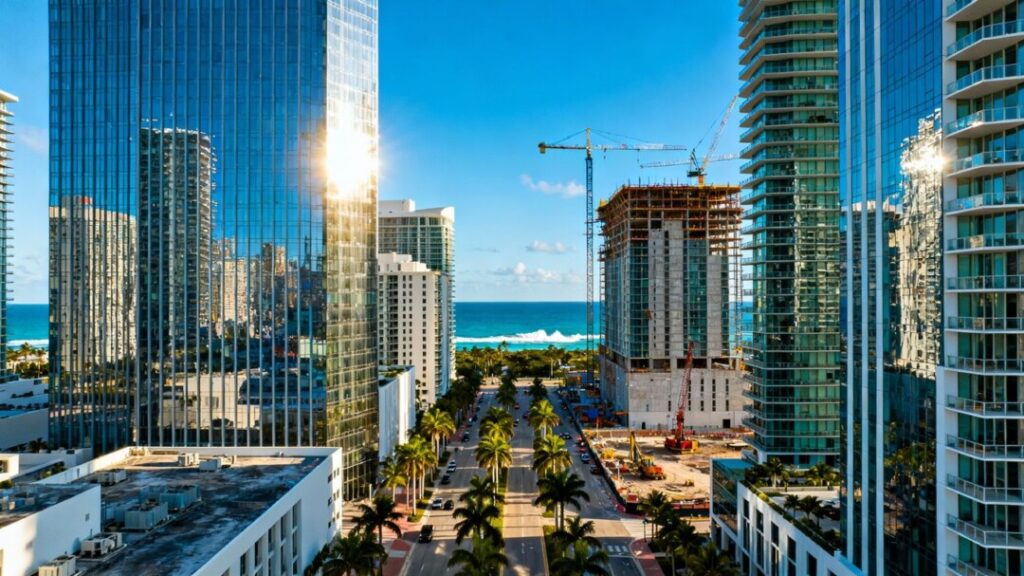 South Florida skyline with skyscrapers and palm trees.