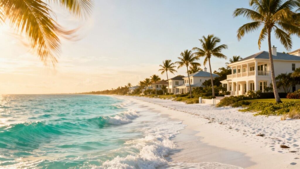 Sunny Florida beach with palm trees and coastal homes.