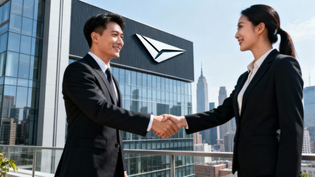 Real estate agents, office building, cityscape, company logo.