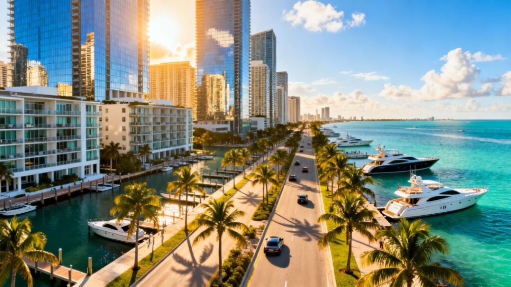 South Florida cityscape with skyscrapers and waterfront homes.