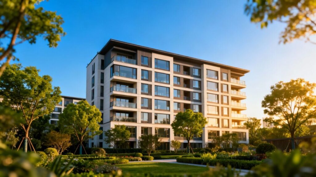 Miami apartment building exterior with trees and blue sky.