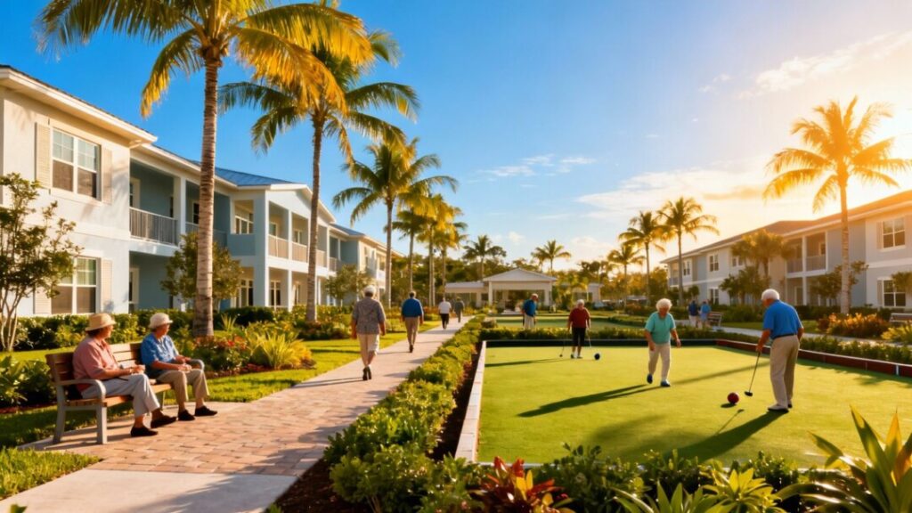 Senior living community in Florida with residents outdoors.