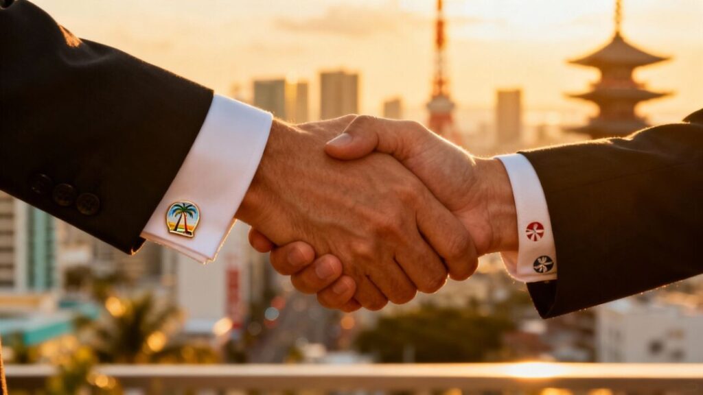 Florida and Japan real estate professionals shaking hands.