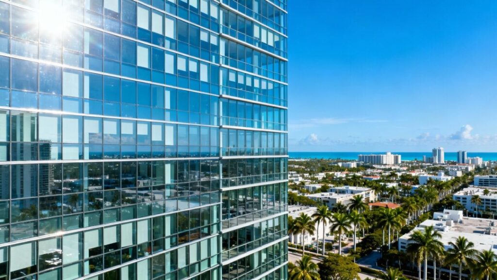 Miami skyline with a modern skyscraper and palm trees.