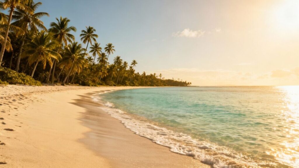 Florida coastline with palm trees and calm ocean.