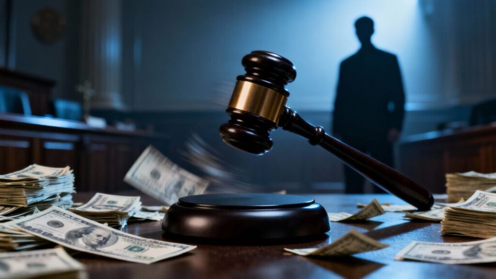 Gavel, money, and courthouse symbolizing legal investigation.