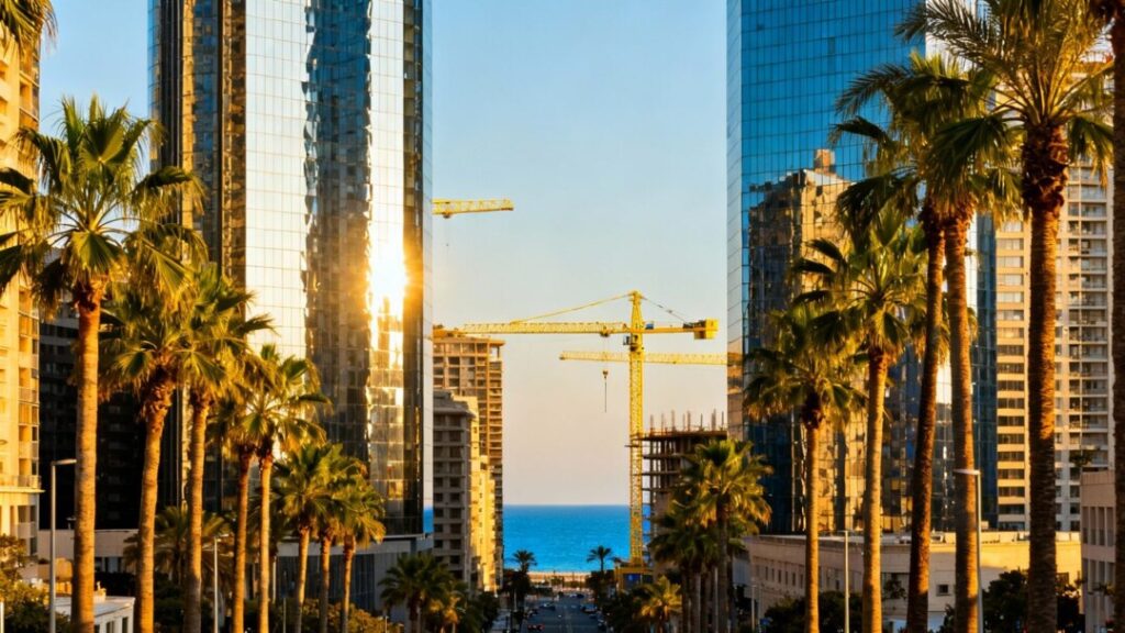 South Florida skyline with skyscrapers and palm trees.