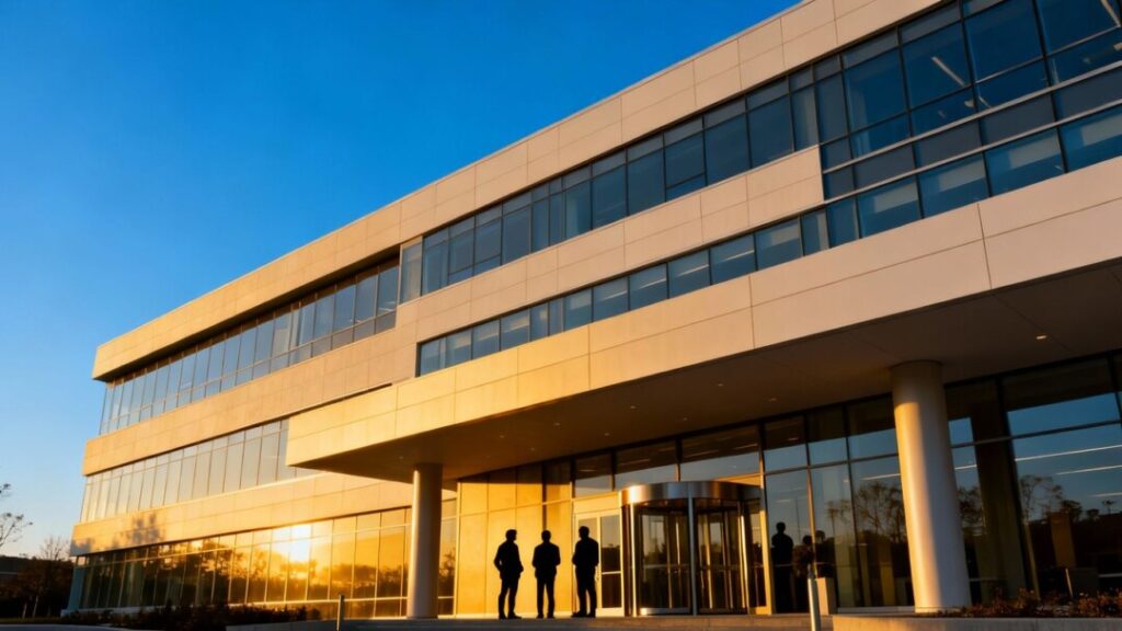 Compass office building with people entering.