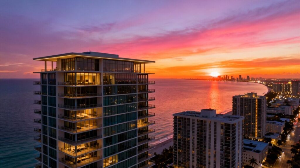 Miami skyline with luxury condos and ocean view.