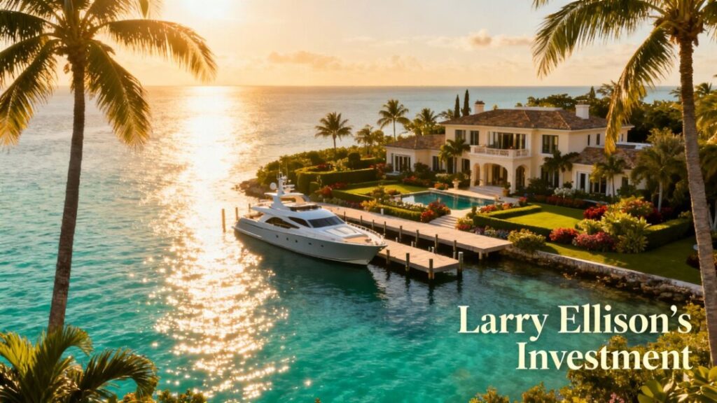 Luxury waterfront mansion with yacht and palm trees.