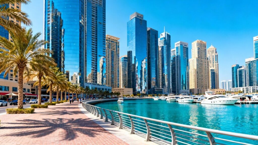West Palm Beach skyline with palm trees and boats.